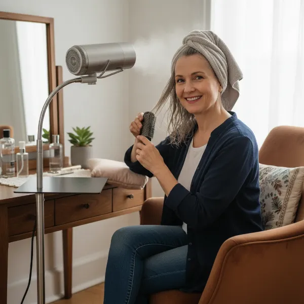 person using hands-free hair dryer stand with elbow support