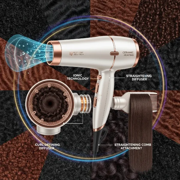 Essential features of hair dryers for 4C textures, including ionic, ceramic, diffuser, and comb attachments, symbolizing heat protection and curl definition