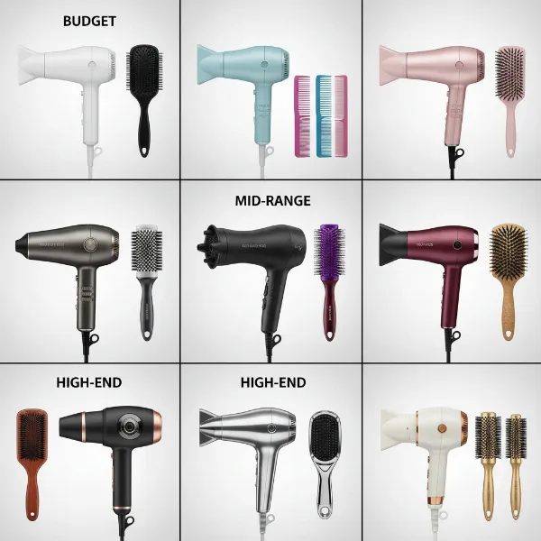 A collage of different hair dryers and brushes, representing various price segments and features, for a buying guide.