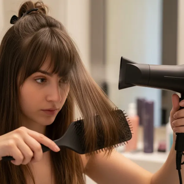 A person demonstrating the side-to-side blow-drying technique for bangs using a paddle brush and hair dryer with a concentrator nozzle, showing focused airflow.
