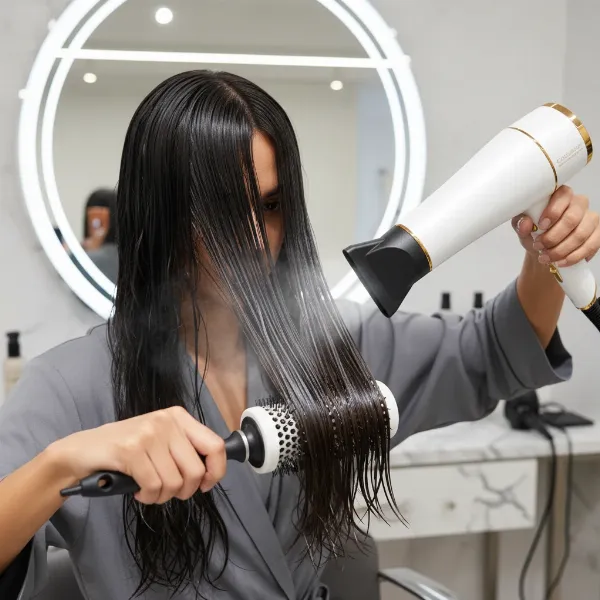 A person expertly blow-drying hair with a round brush, directing airflow downwards, and finishing with a cool shot for glass hair.