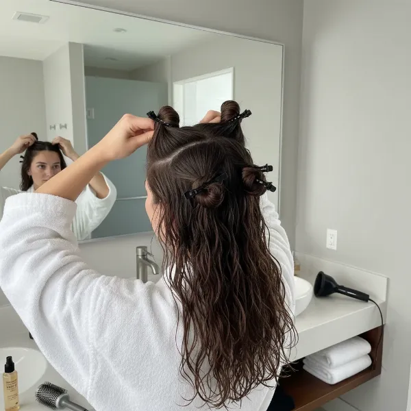A person sectioning their hair with clips before blow drying to prevent damage and split ends