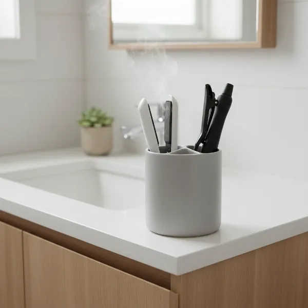 A ceramic hair tool organizer on a small bathroom vanity, holding a hot ceramic flat iron and curling iron.