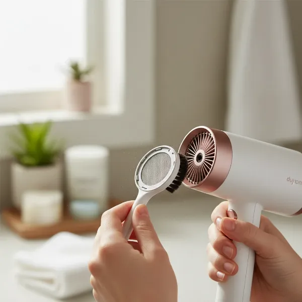 A person actively cleaning a hair dryer's vents and filter with a brush, emphasizing the importance of regular maintenance for optimal performance.