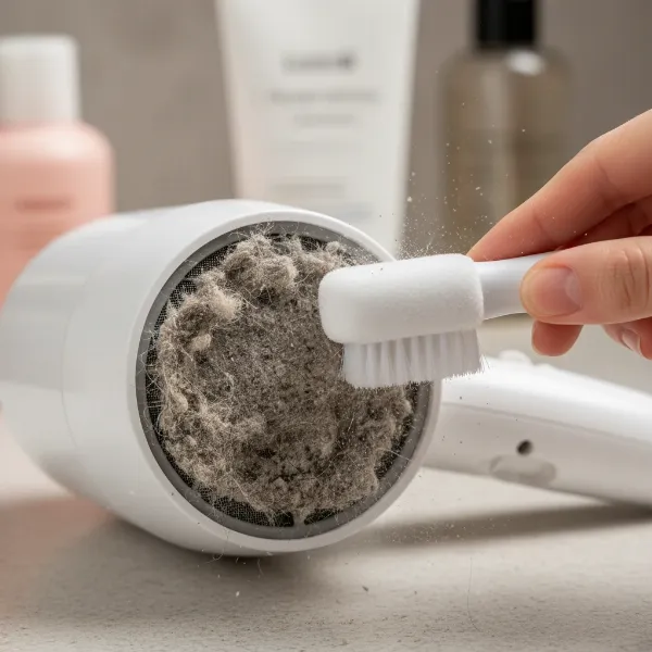 Close-up of a hand cleaning the air filter of a hair dryer with a small brush.