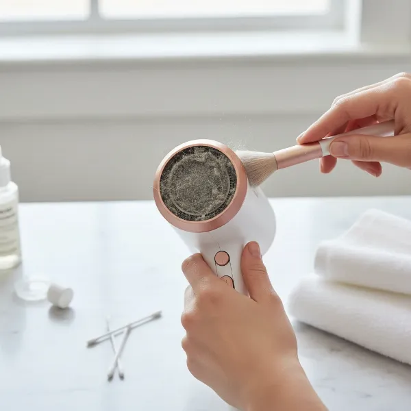 Person cleaning lint and dust from a hair dryer's rear air intake filter with a small brush.