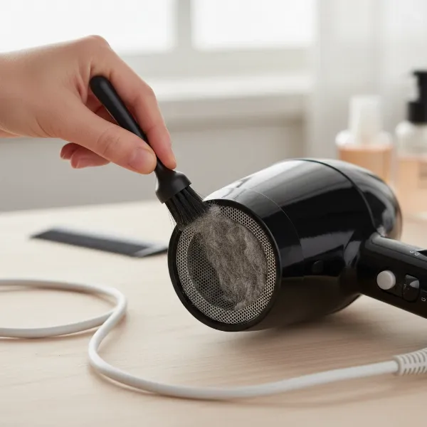 Hand cleaning the air intake filter of a hair dryer to ensure longevity.