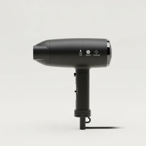 A sleek, compact travel hair dryer with visual cues representing ionic, ceramic, and tourmaline technologies.