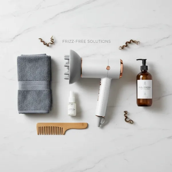 Essential tools for frizz-free curly hair blow drying including a hair dryer and diffuser.