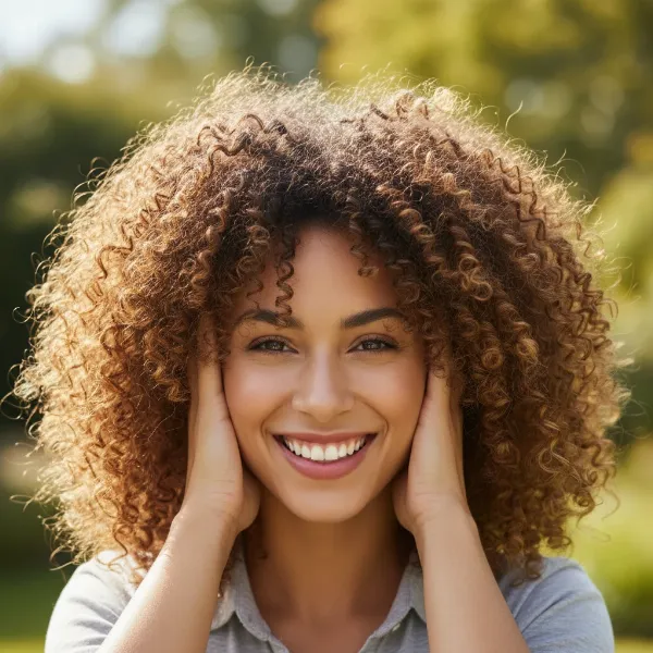 Woman happily showing off perfectly defined, frizz-free curls achieved with a hair diffuser.