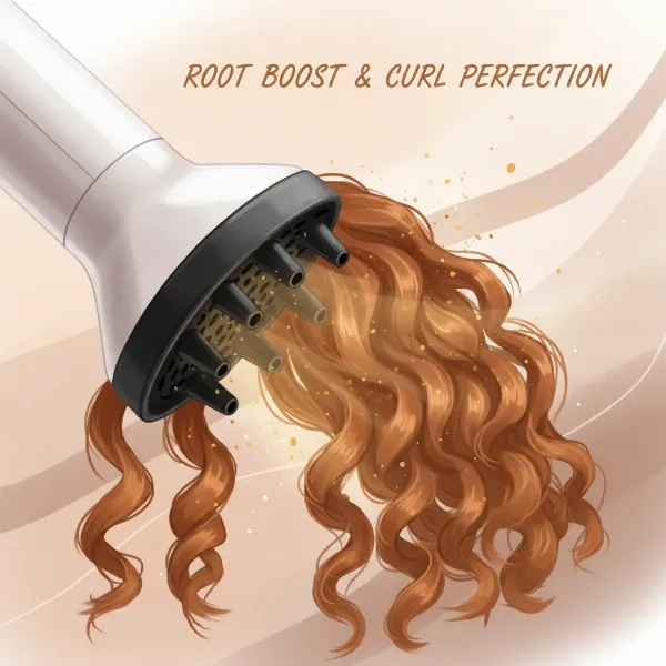 Illustrative image of a hair dryer with a diffuser attachment aiming at hair roots for lift, showing volumized hair.