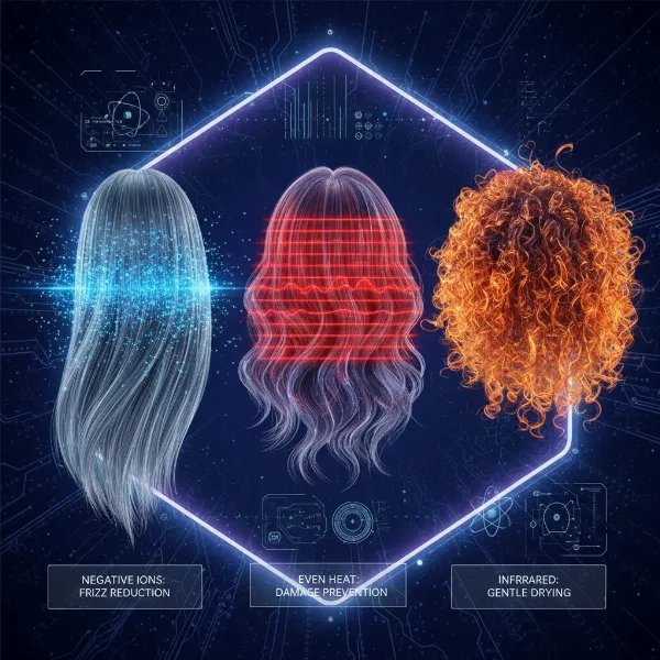 A conceptual image illustrating various hair dryer technologies like ionic, ceramic, and tourmaline, showing different types of airflow and heat distribution with diverse hair textures.