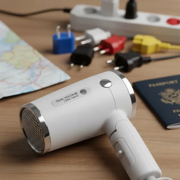 Dual voltage hair dryer displaying 120V/240V for safe international use with adapters.