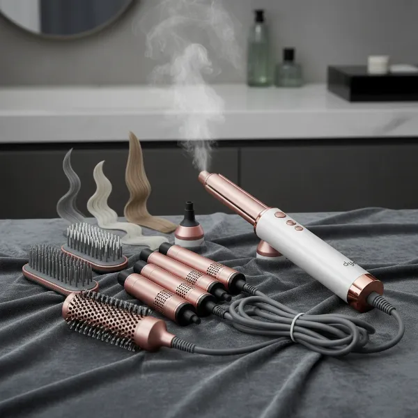 Dyson Airwrap multi-styler with various curling barrels and brushes displayed.