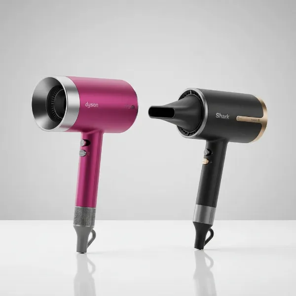 Side-by-side comparison of Dyson Supersonic and Shark HyperAIR hair dryer designs.
