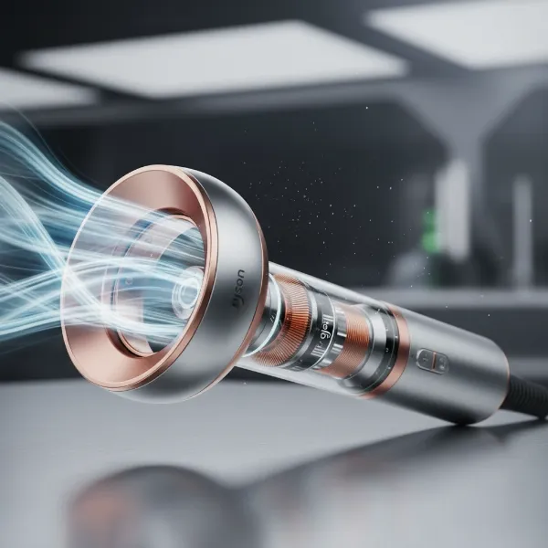 Close-up of Dyson Supersonic hair dryer showing its digital motor and airflow technology.