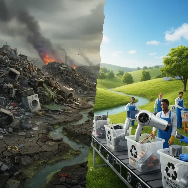 Visualizing the environmental impact of e-waste and the benefits of responsible recycling for a healthier planet.