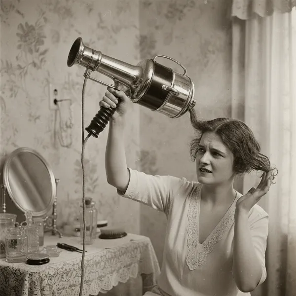 Early 20th century heavy, low-wattage handheld hair dryer being used with visible difficulty.