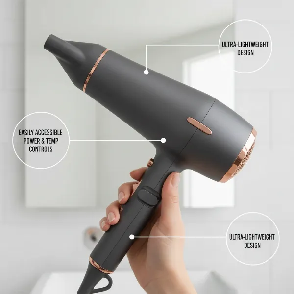 lightweight hair dryer highlighting ergonomic handle, large buttons