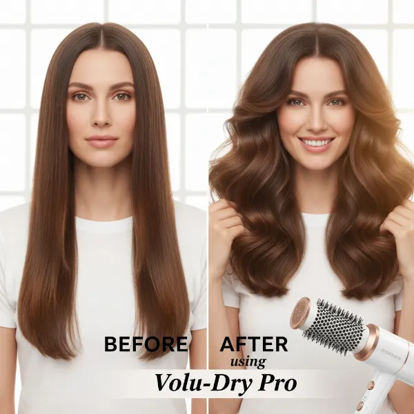 Side-by-side comparison of flat, limp hair and voluminous, bouncy hair.