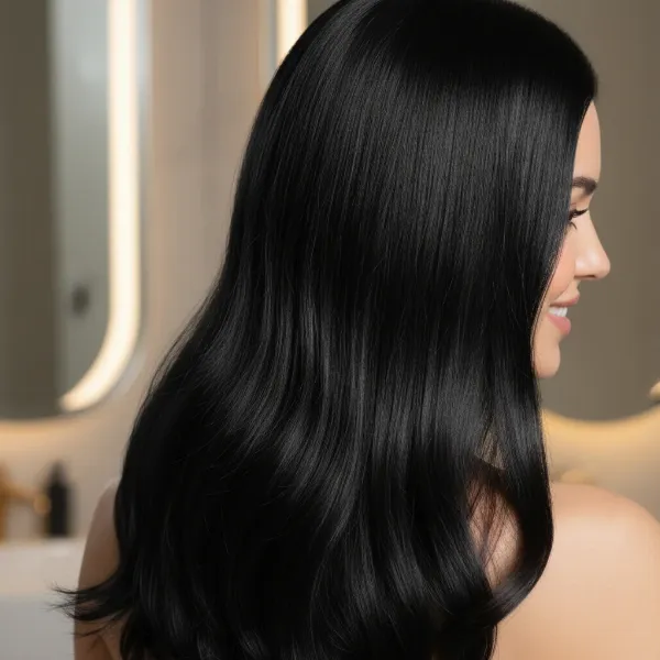 Woman with smooth, shiny hair after using a hair dryer with ionic technology.