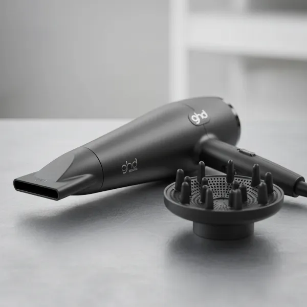 Ghd Helios hair dryer with its precision nozzle, next to a separate diffuser accessory.