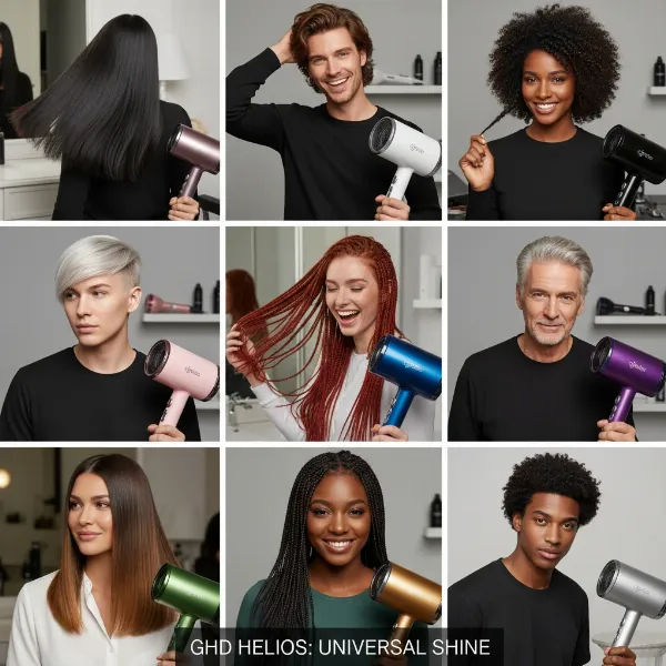 Diverse individuals with different hair types happily showcasing their styled hair with a Ghd Helios in the background.