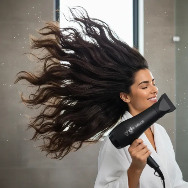 A woman quickly drying her hair with a Ghd Helios hair dryer, showcasing speed and the resulting smooth, shiny finish.