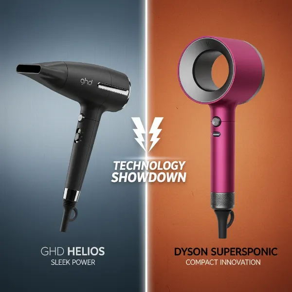 Side-by-side comparison of Ghd Helios and Dyson Supersonic hair dryers, highlighting design and technological differences.