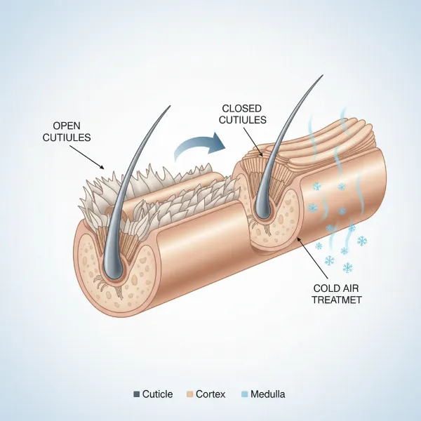 Microscopic view of hair cuticle closing from cold air, demonstrating frizz reduction and shine.