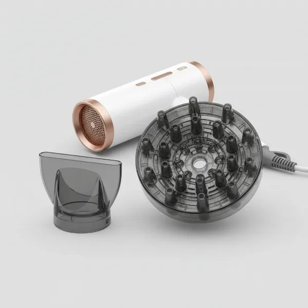 Hair dryer attachments including a concentrator nozzle and a diffuser.
