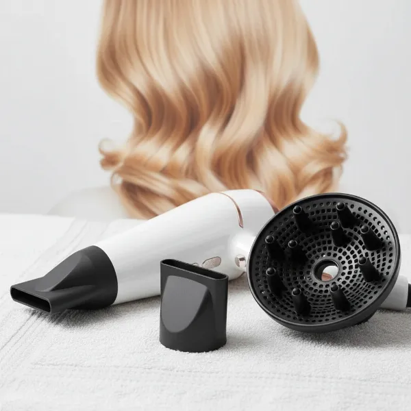 Various hair dryer attachments, including a concentrator nozzle and a diffuser, essential for customized frizz and humidity control.