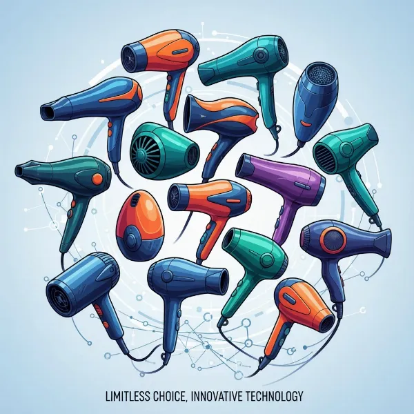 A stylized illustration of various hair dryers with different colors and shapes, representing choice and technology, on a clean, modern background.