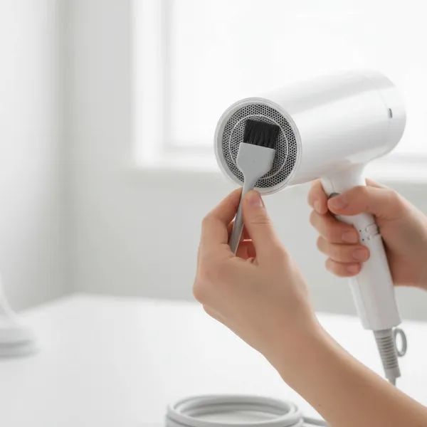 A person using a small brush to clean the air intake filter of a hair dryer, emphasizing preventative maintenance.