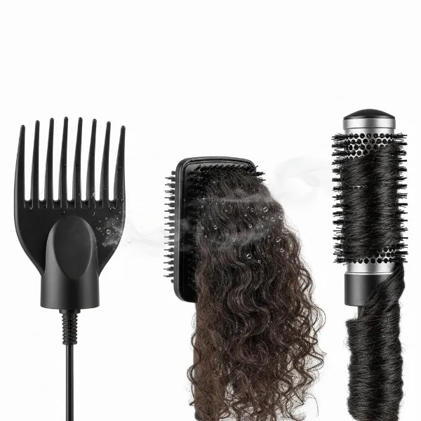 A close-up image showing different types of hair dryer comb attachments, including a wide-tooth pick attachment, a paddle brush attachment, and a round brush attachment, illustrating their varying designs and uses for natural hair styling.