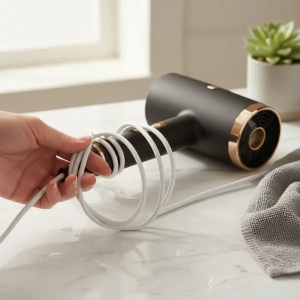 A hand gently coiling a hair dryer cord, avoiding tight wraps, with a hair dryer in the background.