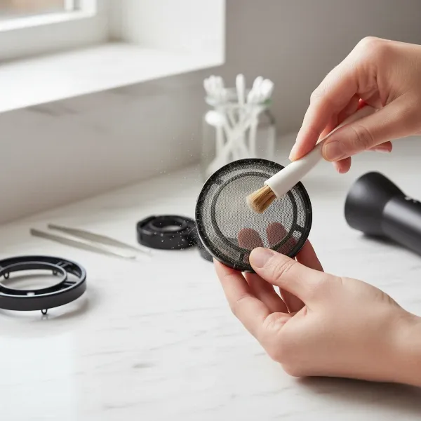 A close-up shot of hands cleaning a hair dryer's filter with a small brush, emphasizing care and longevity, on a clean countertop.