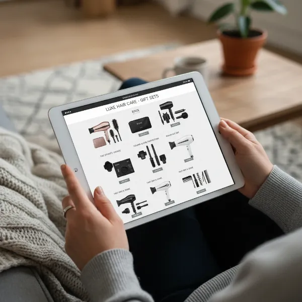 A person browsing hair dryer gift sets on a tablet, with various gift boxes and payment options visible, reflecting online shopping convenience.
