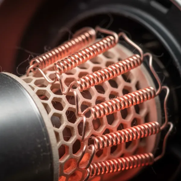 Close-up of a hair dryer's heating element, showing delicate coiled wire for heat generation.