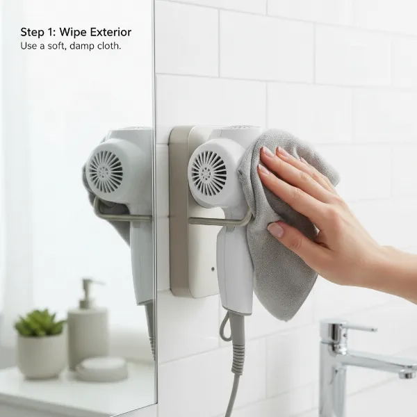 Visual guide showing how to clean and maintain a wall-mounted hair dryer for longevity