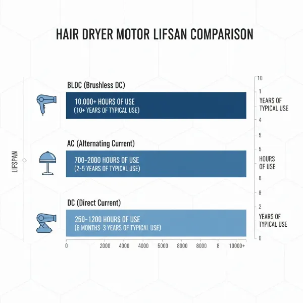 Bar chart comparing lifespans of AC, DC, and BLDC hair dryer motors in hours and years.