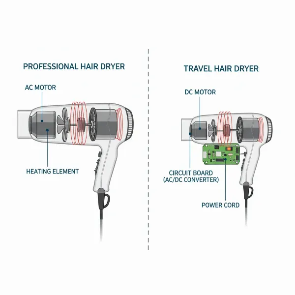Diagram comparing AC and DC hair dryer motors for professional and home use.