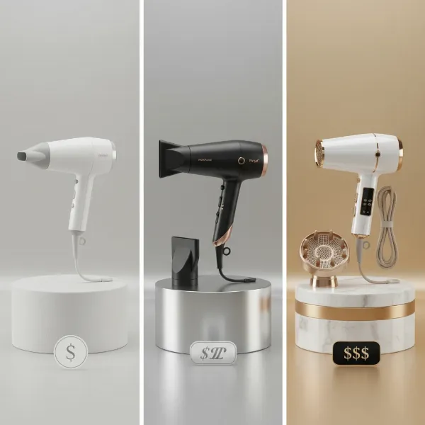 A visual representation of three tiers of hair dryers, from basic to luxurious, with subtle price tag indicators, reflecting budget, mid-range, and premium categories.