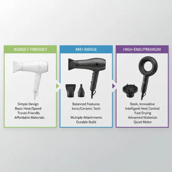 visual comparison of budget, mid-range, premium hair dryers