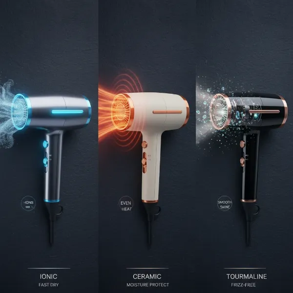 A visual comparison of three distinct hair dryer types (ionic, ceramic, tourmaline) side-by-side, with subtle visual cues representing their core technology (e.g., negative ion streams for ionic, even heat glow for ceramic, sparkling tourmaline elements).