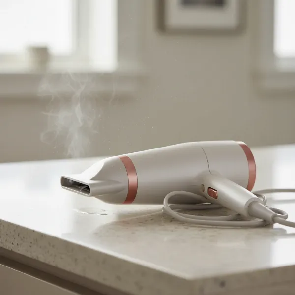 An unplugged hair dryer resting on a counter, safely cooling down after overheating, with a clear focus on the power cord.