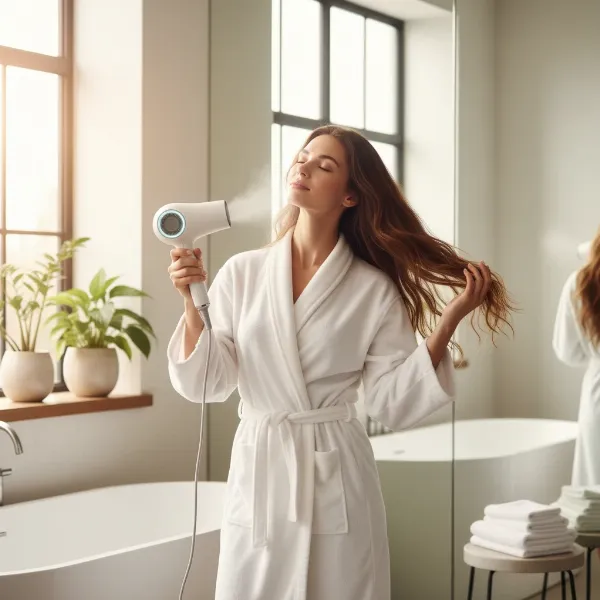 A person with flowing hair being gently dried by a hair dryer held at a safe distance, showing proper technique to prevent damage, in a bright, airy bathroom setting with soft lighting.