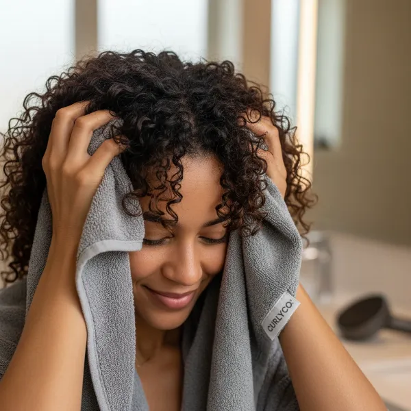 A person gently micro-plopping their hair with a microfiber towel before using a diffuser for root lift.