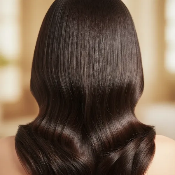 Close-up of smooth, shiny hair with no frizz, showing results of ionic hair drying technology.