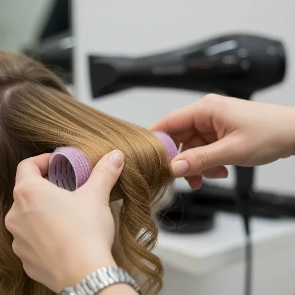 A close-up shot of a hair stylist demonstrating the correct way to roll hair with a velcro roller while holding a hair dryer in the background, focusing on technique and hair sectioning.